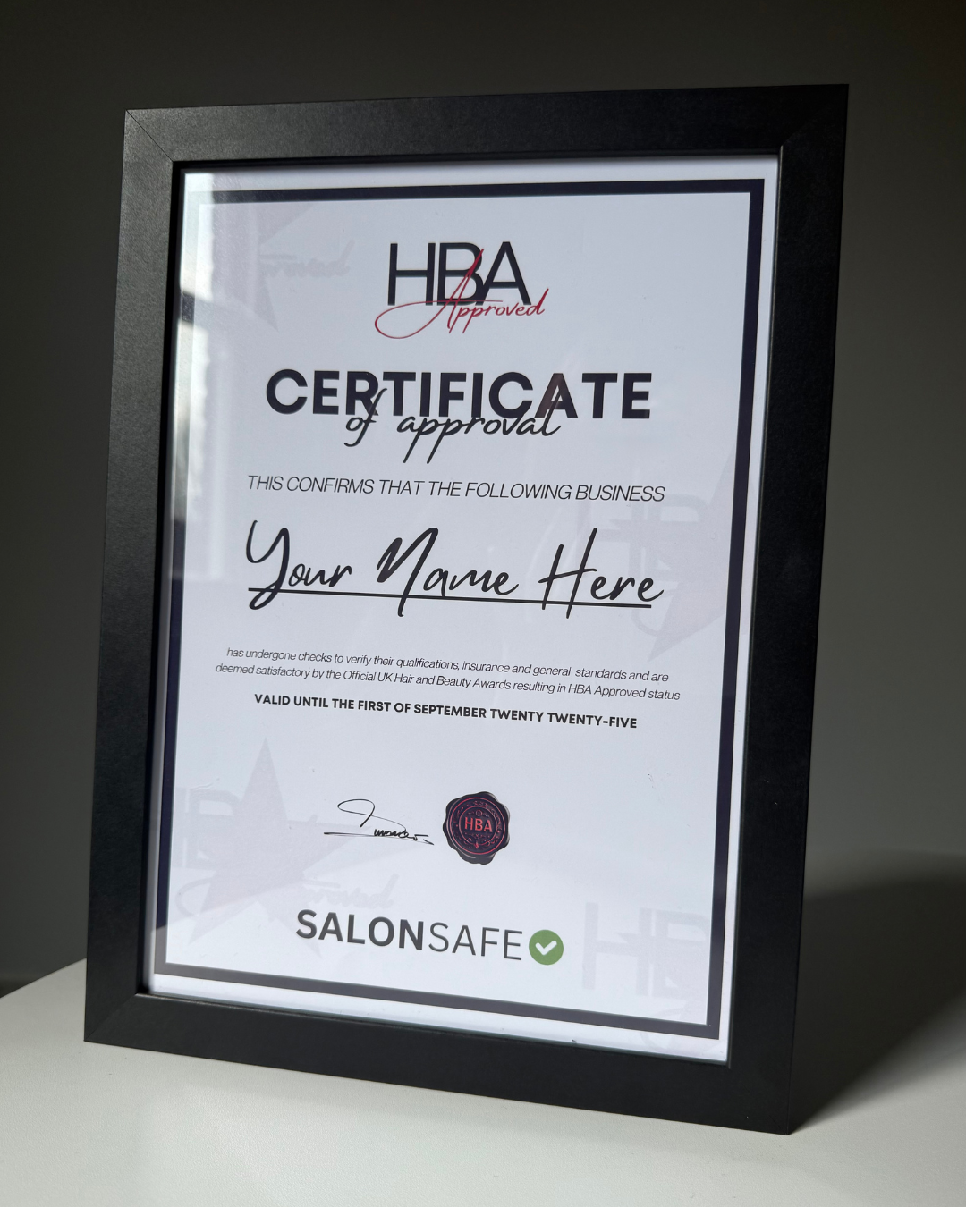 Framed HBA Approved Certificate