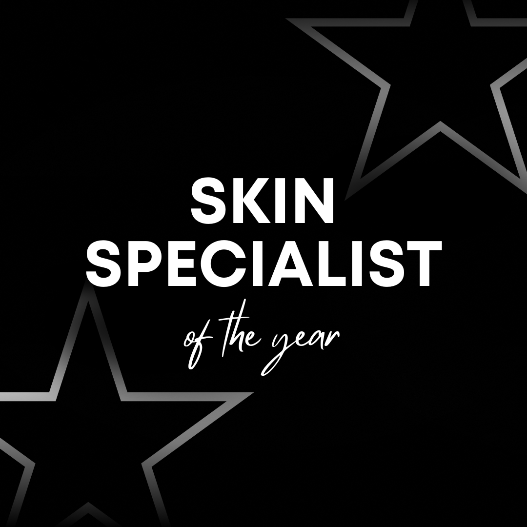 Text 'SKIN SPECIALIST of the year' on a black background with star shapes.